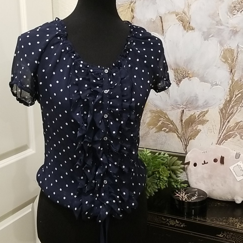 Cute Sheer Polka Dot Navy Blouse